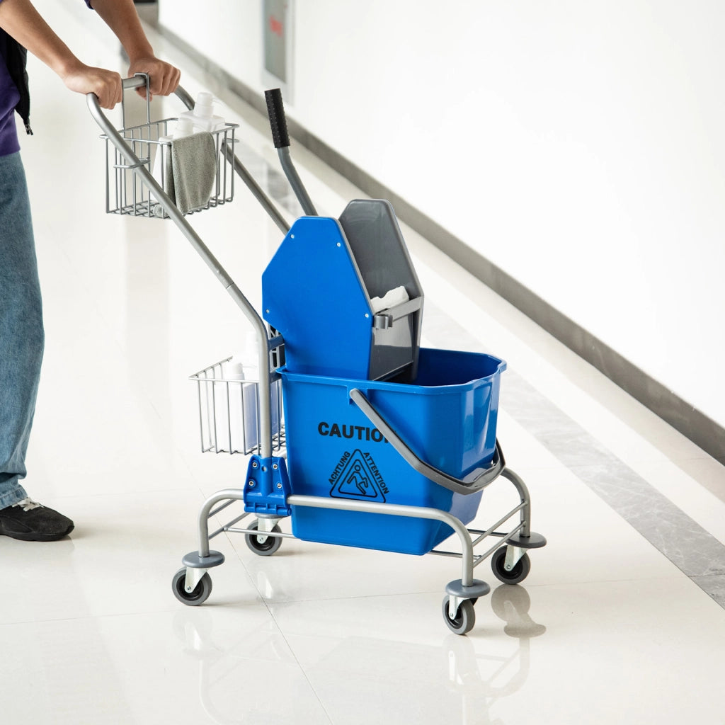 Carrello Pulizie con Secchio 26L, Mocio, Strizzatore e Cestini ¨C Zephmum ¨C Blu