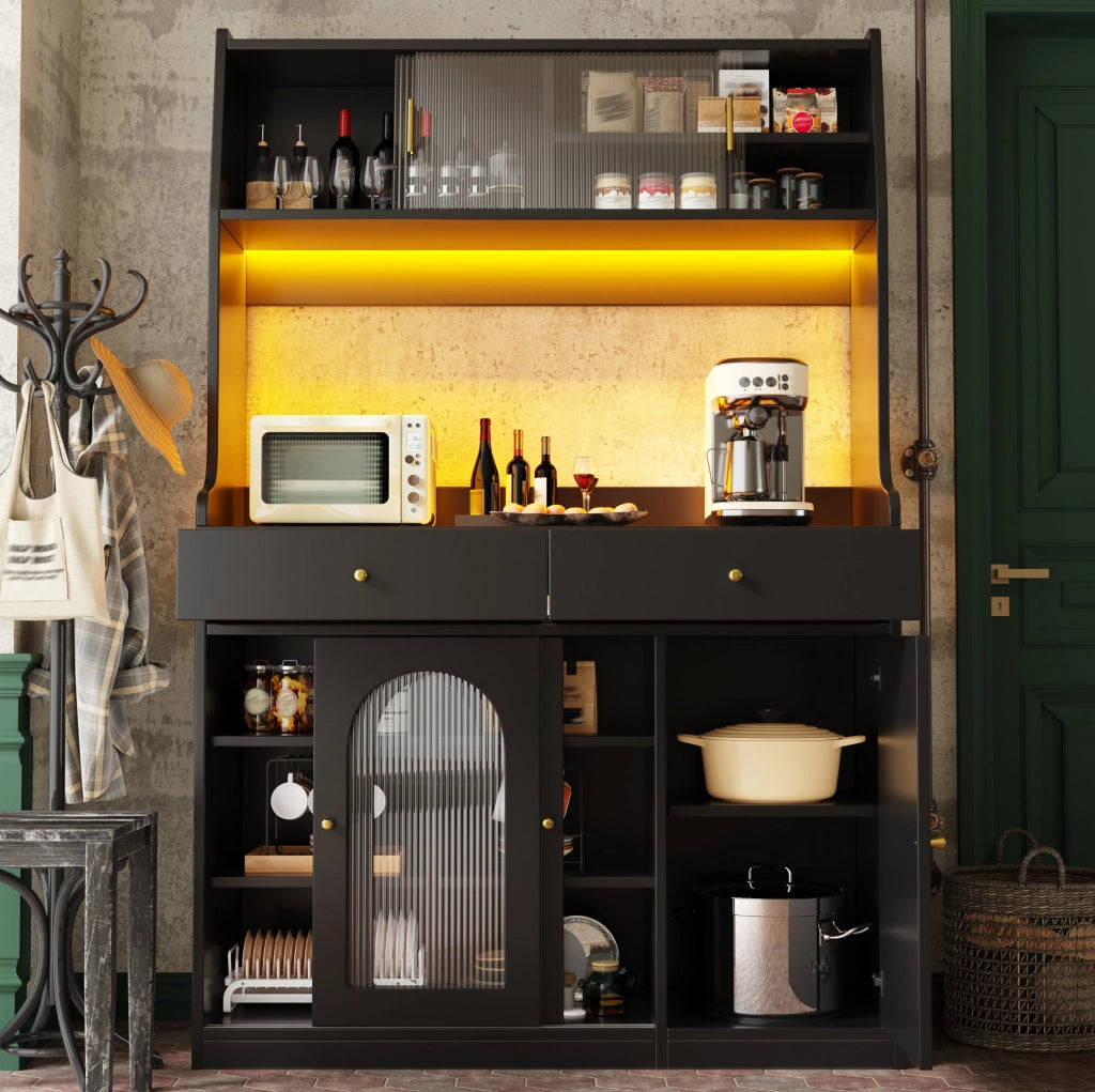 Credenza alta 120x40x180 cm con LED e ripiani regolabili in MDF e pannello truciolare; nera