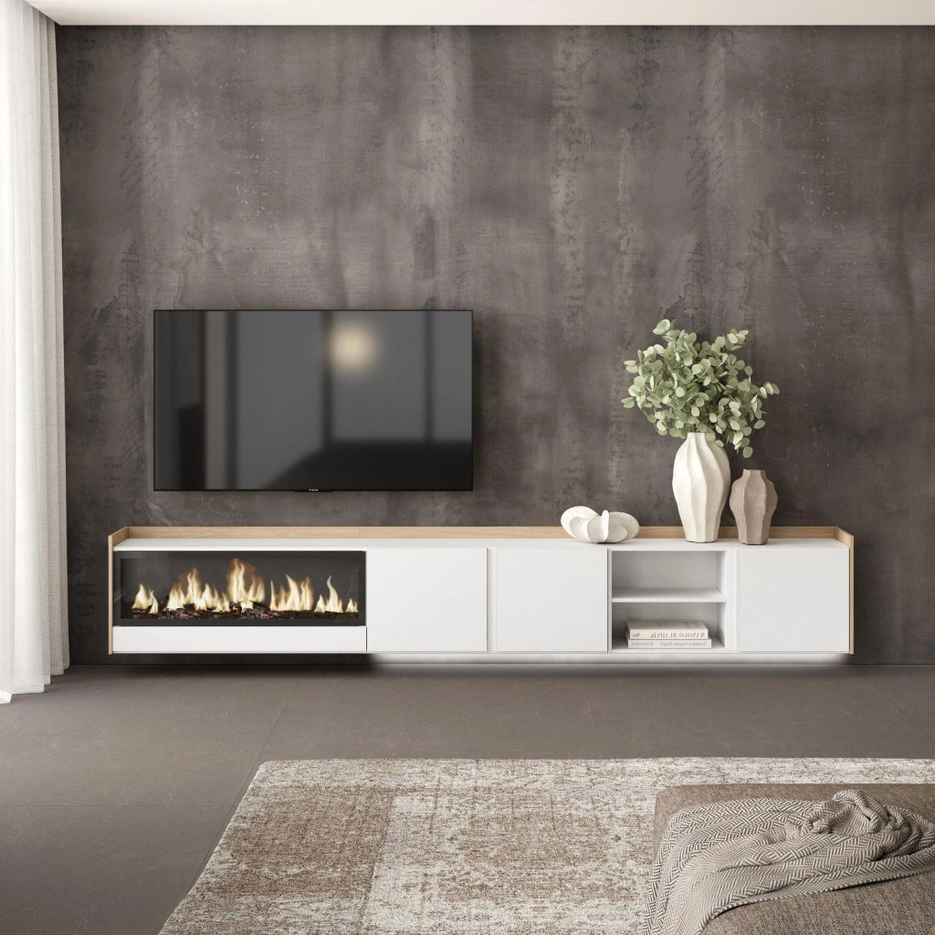 Mobile TV Soggiorno, 315x50x35 cm, Per TV fino a 80", Camino elettrico XXL, Sospeso, da appendere, LED, Bianco e Rovere soft