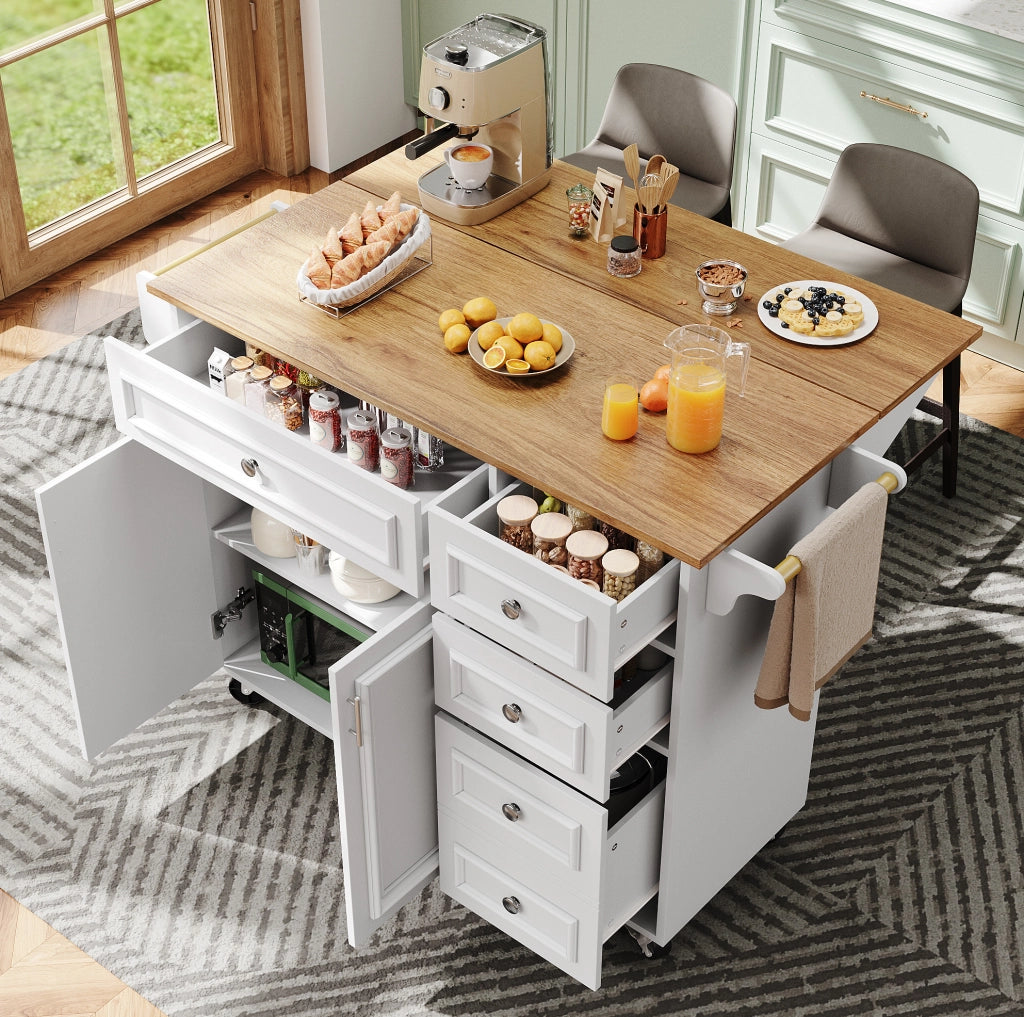 Isola da cucina 110x75x92 cm; con piano pieghevole; cassetti e ripiani; MDF bianco