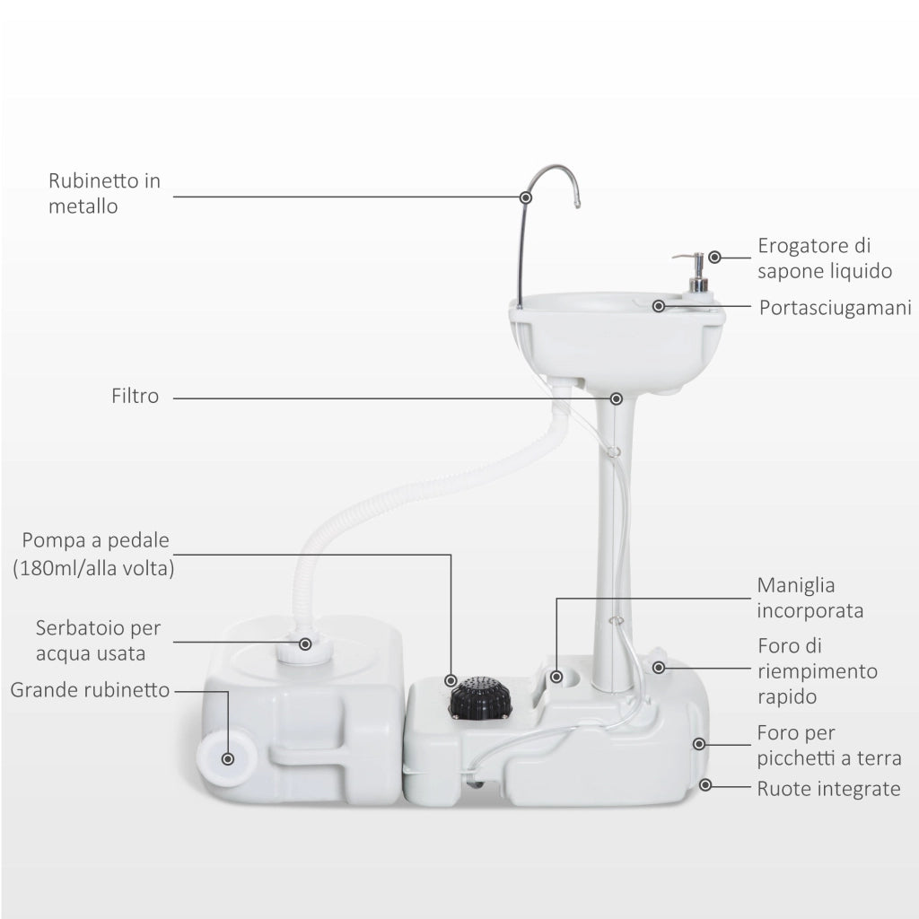 Lavabo Portatile da Campeggio 24L 83x50x103 cm con Ruote in HDPE  Grigio Chiaro