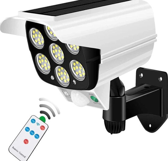 Lanterna esterna alimentata da pannelli solari con sensore di movimento, 2000 lumen, 77 punti LED con telecomando, IP66 impermeabile, camera wireless di sorveglianza (senza funzione di camera), adatta per veranda, giardino, terrazzo e ingresso.