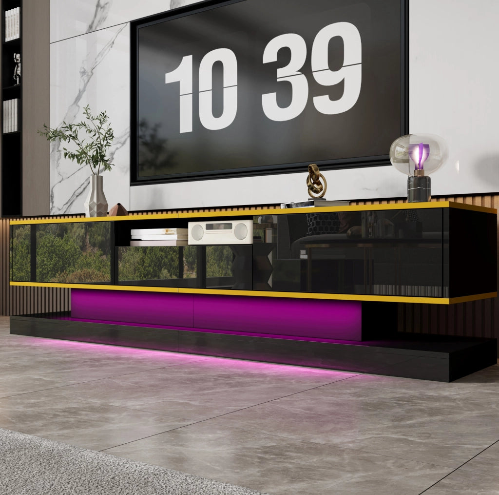Mobile TV moderno da 180 cm con 3 cassetti; finitura lucida; LED multicolore; nero e oro