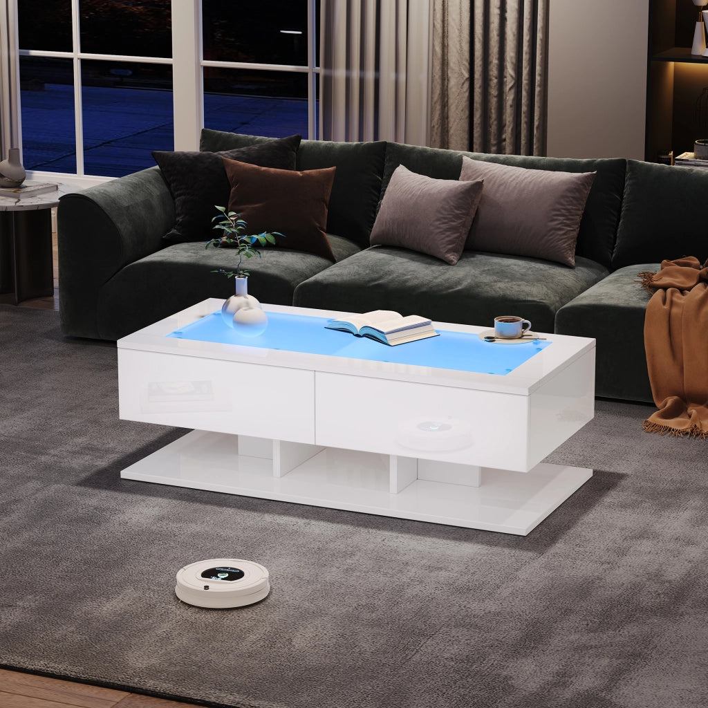 TAVOLINO DA SALOTTO 100x50x35 cm Bianco lucido con 2 cassetti e piano in vetro