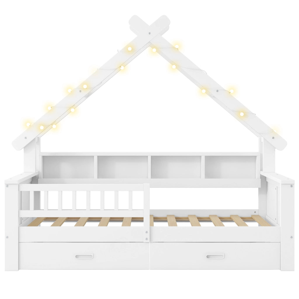 Letto casetta bianco 90x200 cm con illuminazione LED e sponde protettive