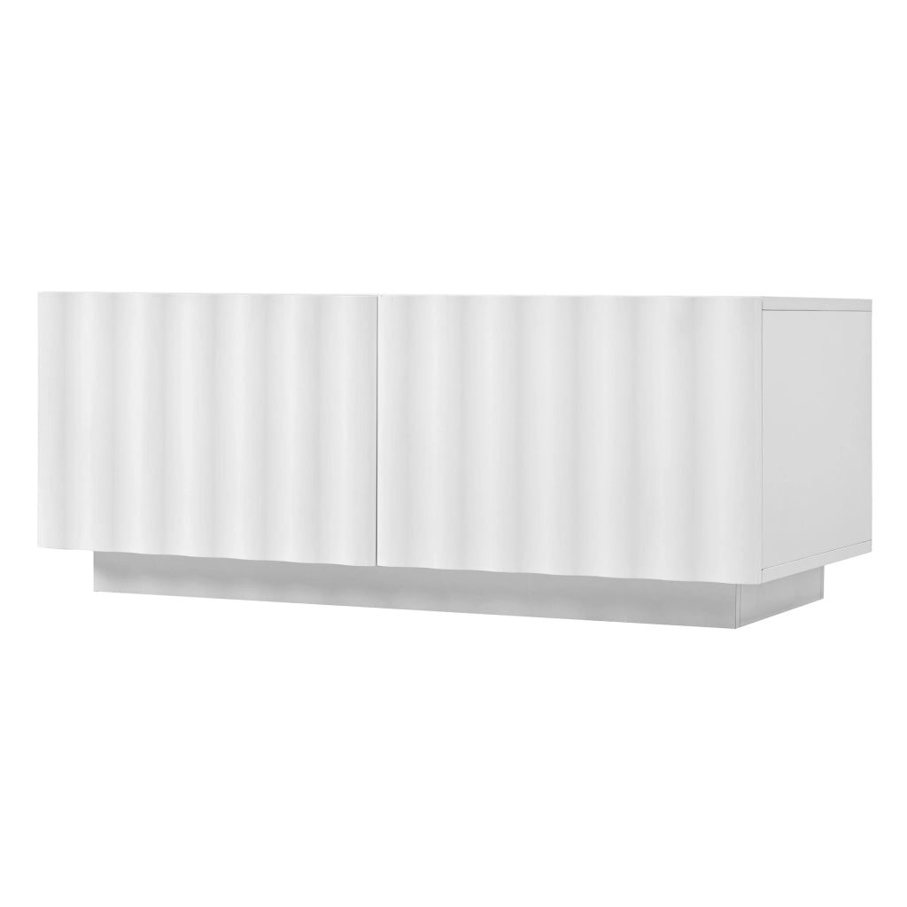 Tavolino basso moderno con 2 cassetti e frontale effetto onda per soggiorno in MDF e pannello truciolare bianco