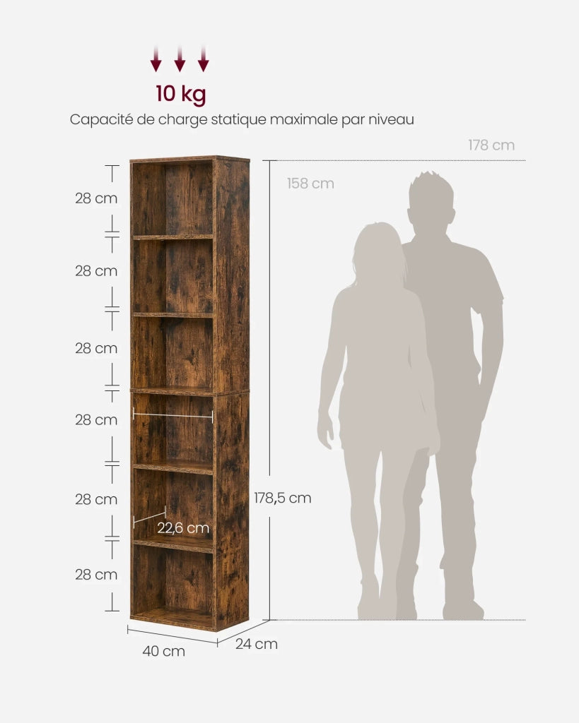 Libreria/mobile contenitore a 6 ripiani per soggiorno ufficio camera da letto stile scandinavo 40 x 24 x 1785 cm marrone rustico 12_0004249