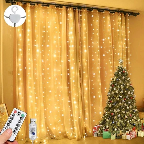 Illuminazione di Natale impermeabile 3 x 3 m 300 led con 8 modalità di comando a distanza timer regolabile luminosità per camera da letto giardino festa matrimonio Natale di San Nicola luce calda bianca