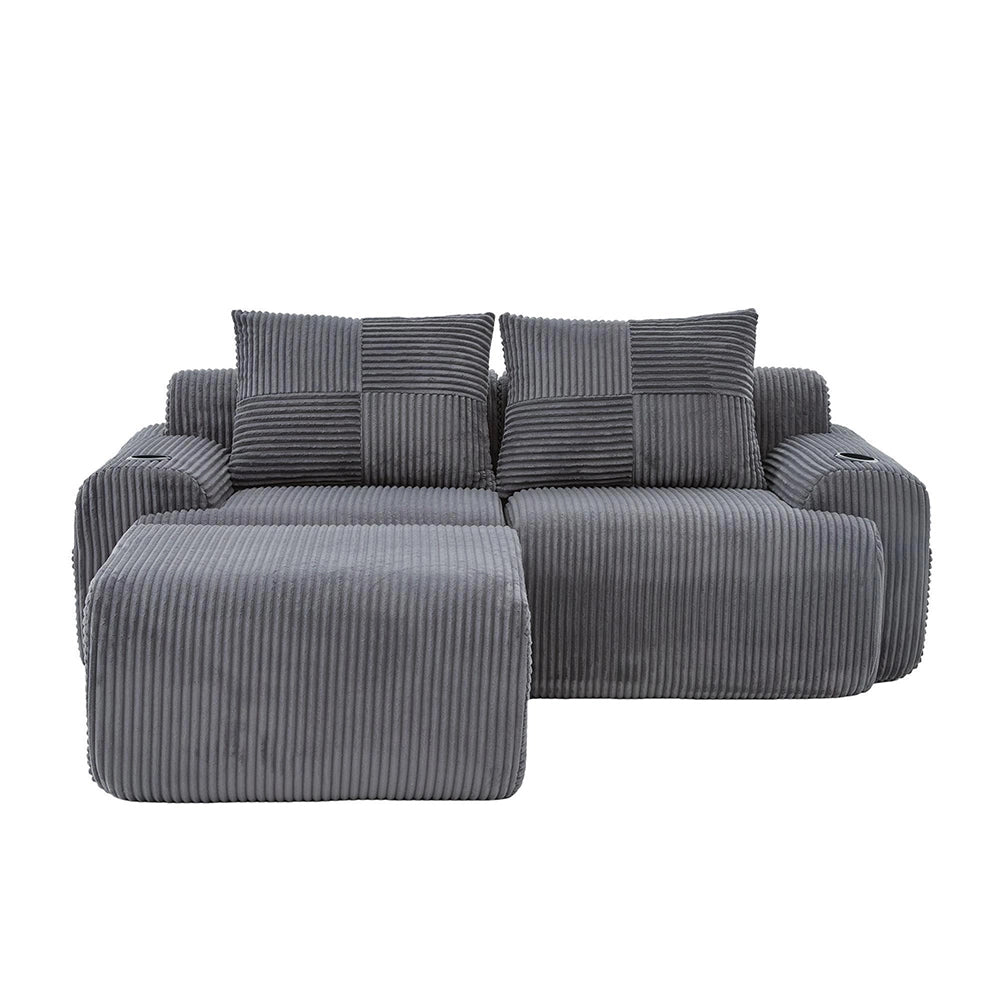 Canap¨¦ modulable in velluto costato per 2 persone - Xylo - Con pouf, porta-bevande e tascone laterale