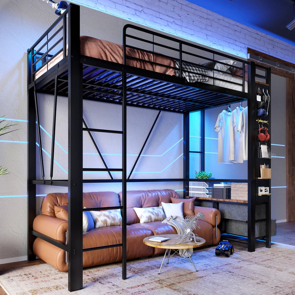 OKWISH Letto a Soppalco 90×200 cm, Letto Singolo con 4 Cassetti, USB, Tipo C, LED e Mensole, senza Materasso, in Metallo, Nero