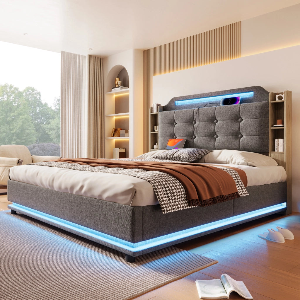 Letto Contenitore 140 x 200 cm; 2 Posti; USB; Type-C e LED; in Lino; Grigio