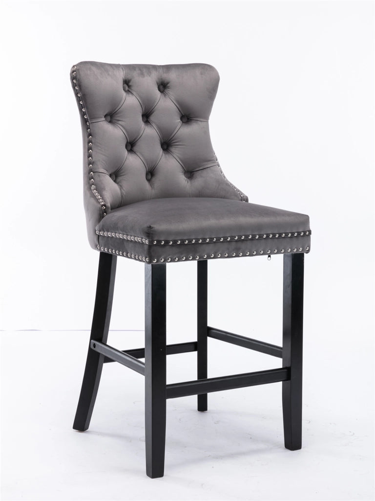 Set di 2 Sgabelli da Bar con Schienale Alto e Piedini Regolabili; Borchie Decorative; Velluto; Grigio