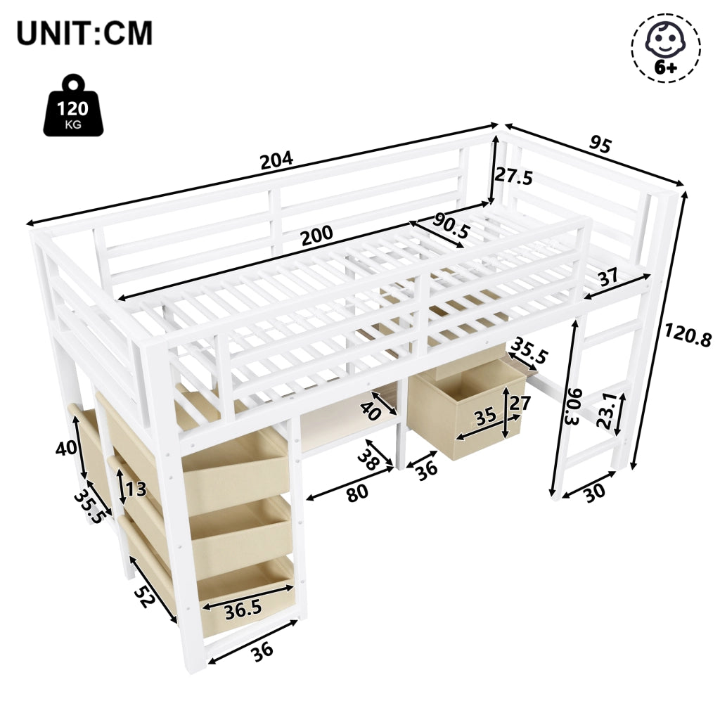 LETTO Semialto 90x200 cm Metallo Bianco con cuscino e contenitori in tessuto