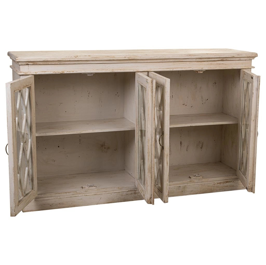 Credenza in legno e vetro artigianale bianco 170x40x100