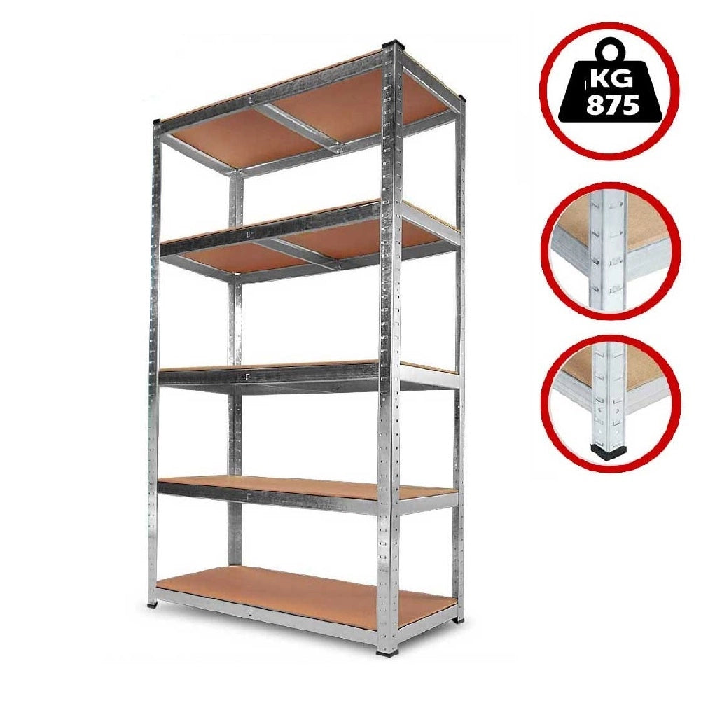 Kit 2 Scaffali Metallo Zincato 5 Ripiani Legno MDF 90x40 H180cm Garage Casa