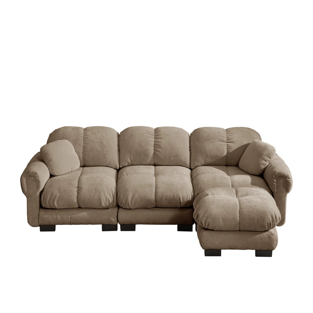 Divano angolare modulare 3 posti con chaise longue mobile e cuscini in chenille marrone per soggiorno