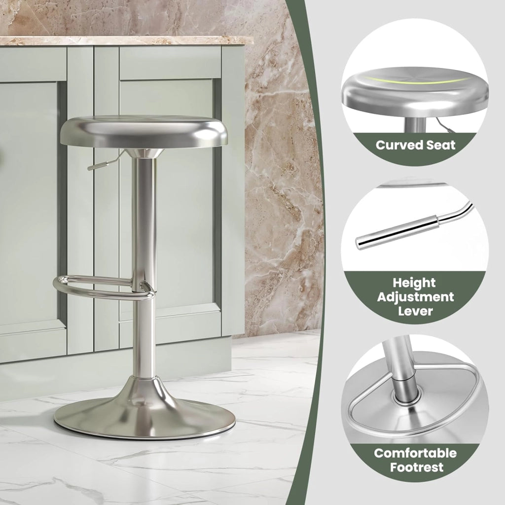 Set di 2 sgabelli da bar regolabili in altezza 61-82 cm, sedia da bar girevole a 360° con poggiapiedi, sgabello rotondo in acciaio inox, sgabello da cucina per bar, caffetteria, cucina