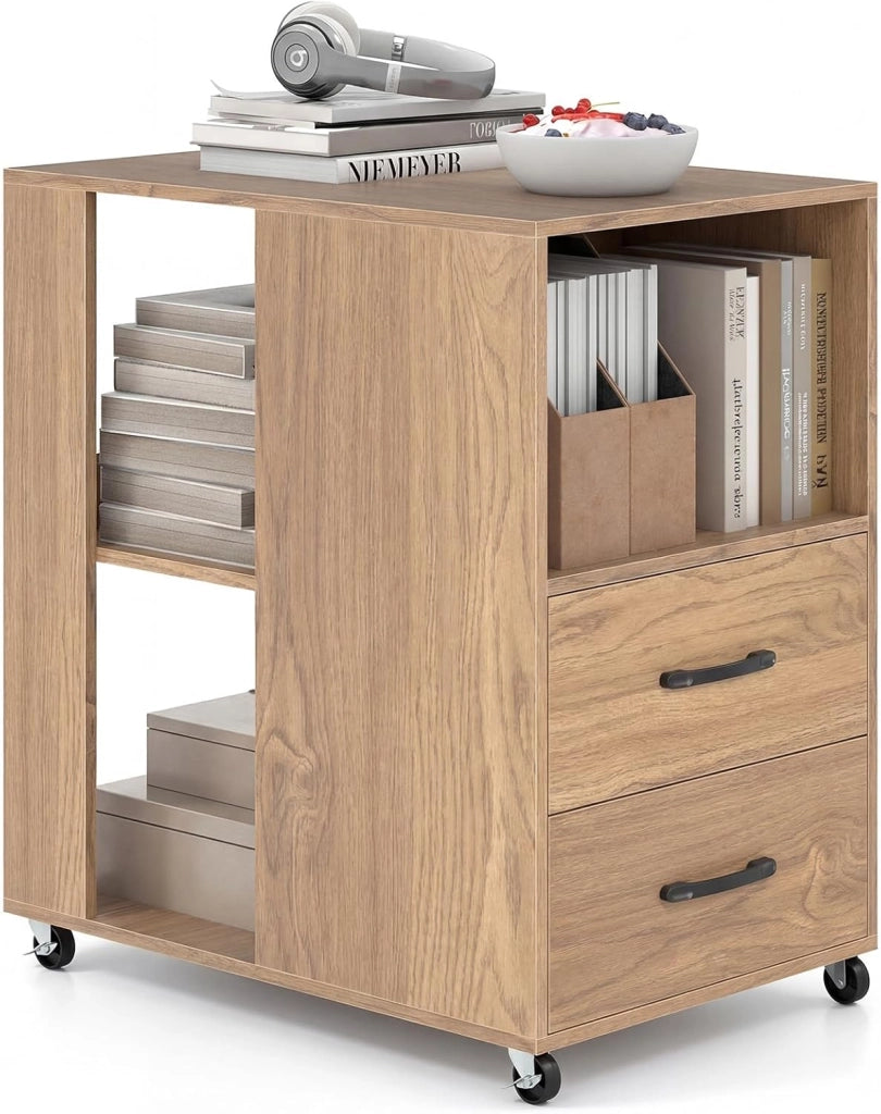 Tavolino Laterale Mobile con Stazione di Ricarica, Comodino con Cassetti, Ripiani e Ruote Bloccabili, Tavolino Moderno per Camera da Letto, Ufficio e Soggiorno, 60 x 40 x 65,5 cm (Bianco)