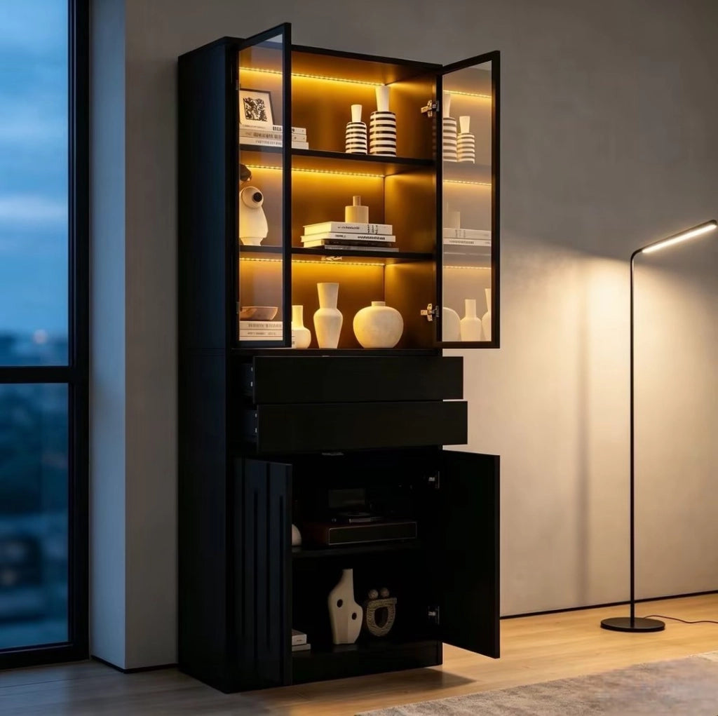 Vetrina alta con LED e 2 cassetti 70x34x180 cm in truciolare e vetro temperato; nero