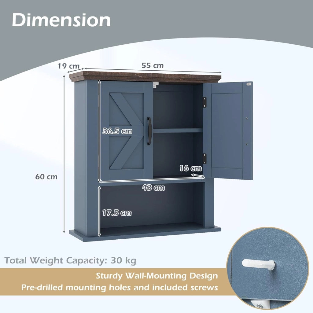 Armadio da parete per bagno, pensile con 2 ante e 1 scomparto aperto, stile fienile, mensola regolabile, 55 x 19 x 60 cm, organizer per cucina, ingresso, lavanderia