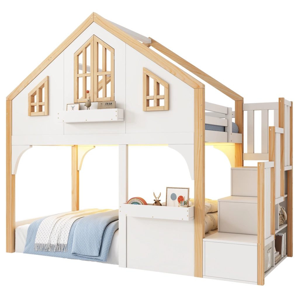 Letto a soppalco per bambini 90x200 cm in legno di pino e MDF; bianco; con LED e scala contenitore