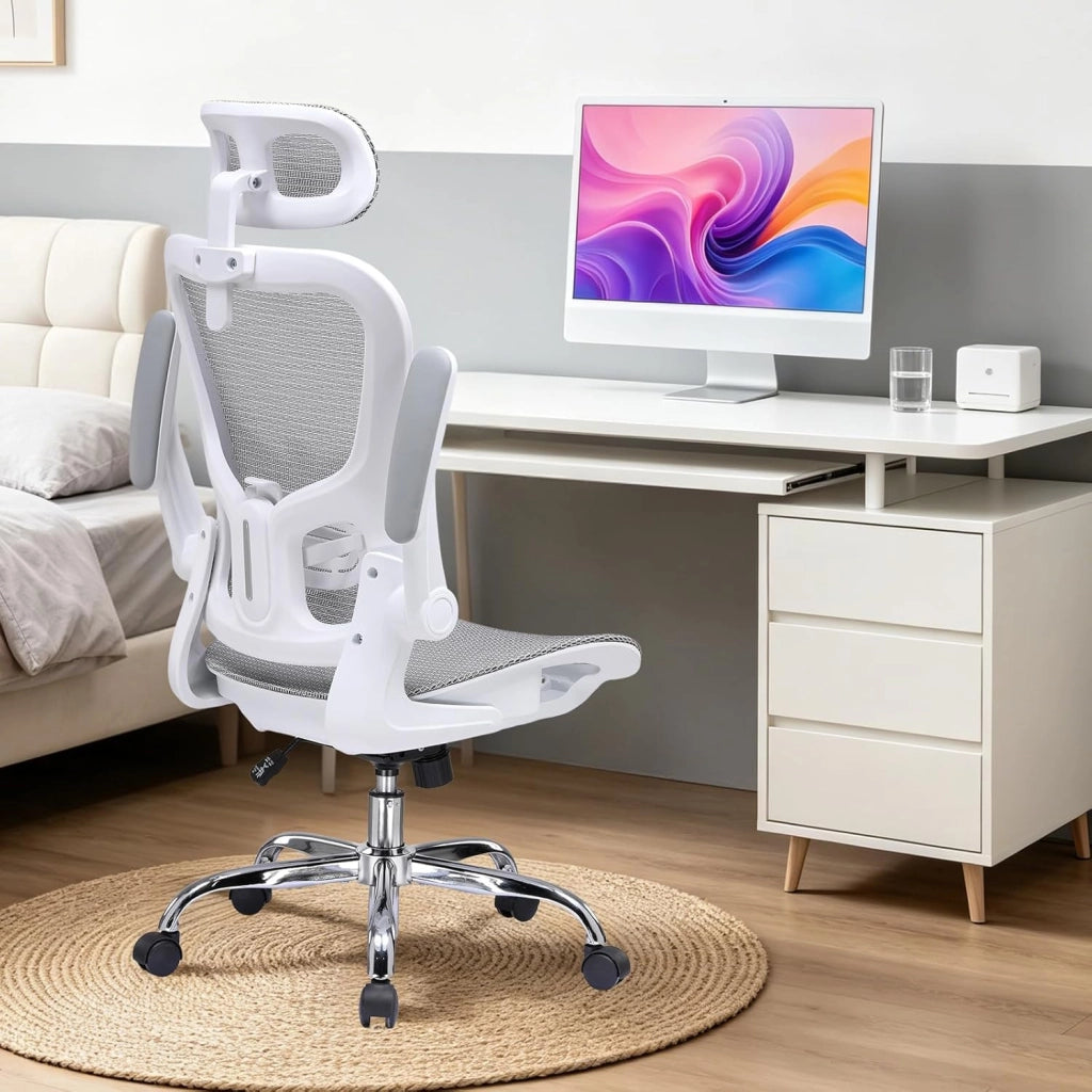 Sedia da ufficio, sedia da scrivania, ergonomica, in rete a doppio strato, traspirante, supporto lombare adattabile, poggiatesta regolabile, per home office, sedia girevole da 150 kg, bianco