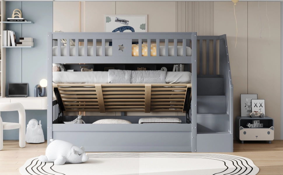 DESMIU Letto a castello 90 × 200 cm 2 posti con contenitore idraulico, ripiani e scala, senza materasso, grigio