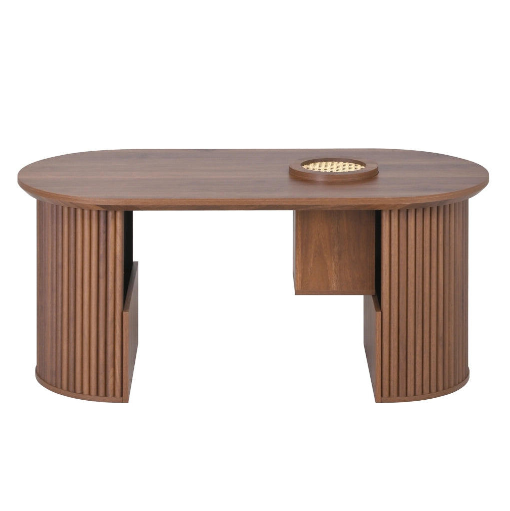 Tavolino da caff¨¨ ovale 105x50x46,5 cm con vani in MDF color noce