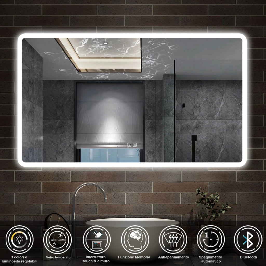 specchio rettangolare 120 x 70 cm con luce led a 3 colori, antiappannamento e touch, bluetooth