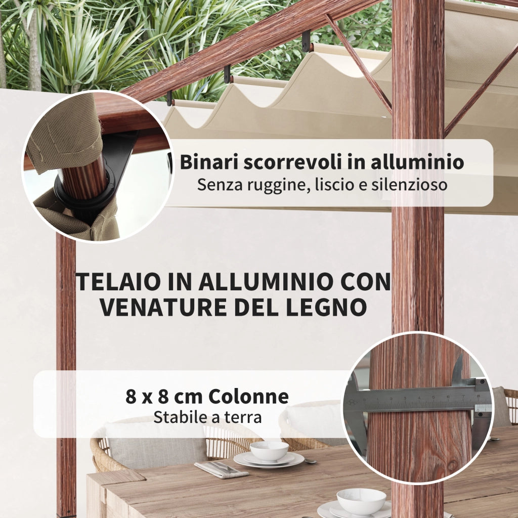 Gazebo Pergola con Tetto Retrattile ¨C Minimal ¨C Poliestere, Alluminio, Legno, 382x300x232 cm