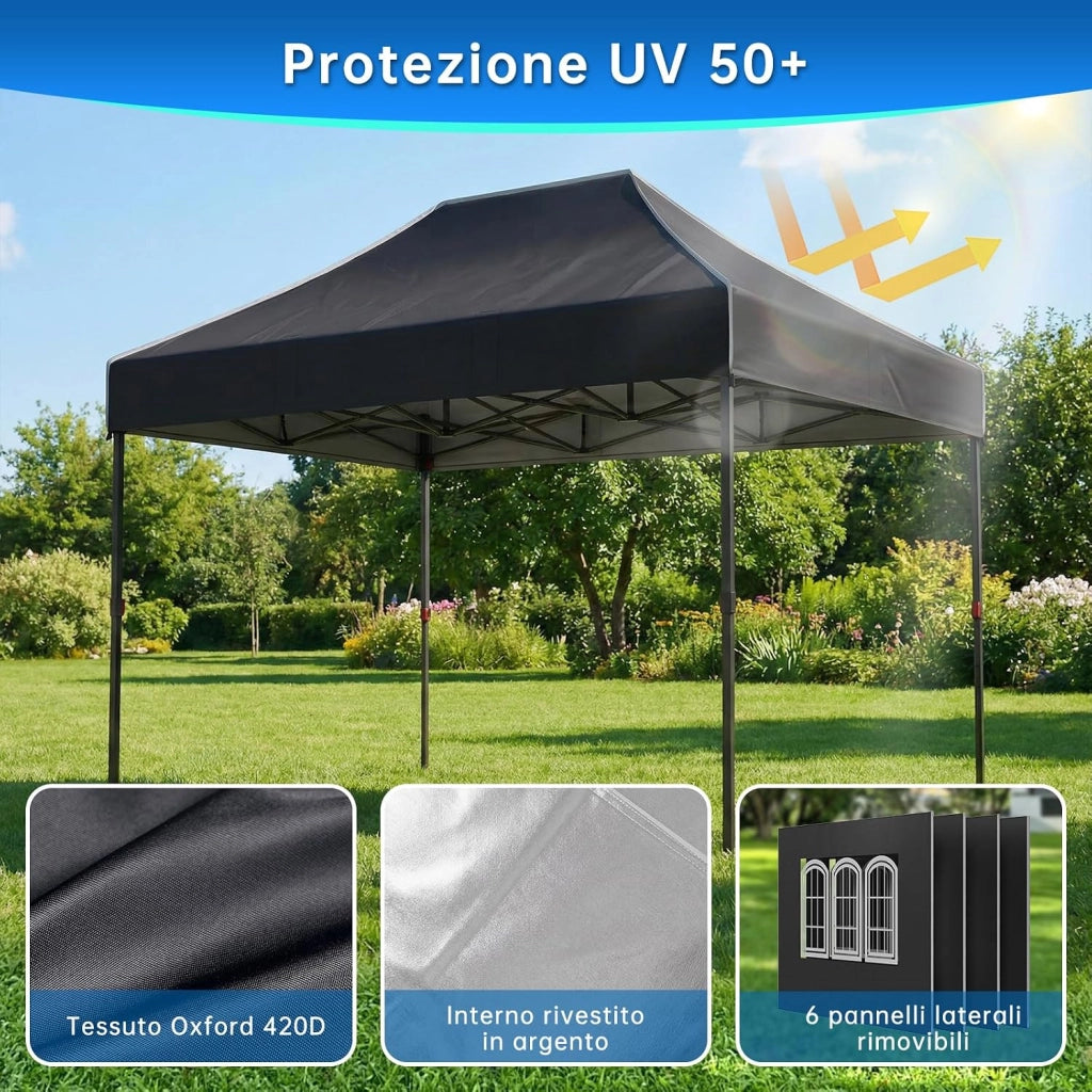 Gazebo 3 x 4.5 impermeabile, stabile, ripido, gazebo pieghevole con pareti laterali, protezione UV 50+, tenda per feste, altezza regolabile, gazebo per giardini, cortili, campeggi