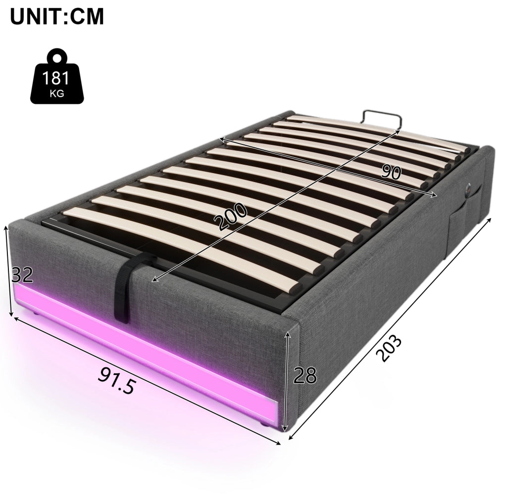 Letto imbottito 90x200 cm con USB; LED e contenitori laterali in lino grigio