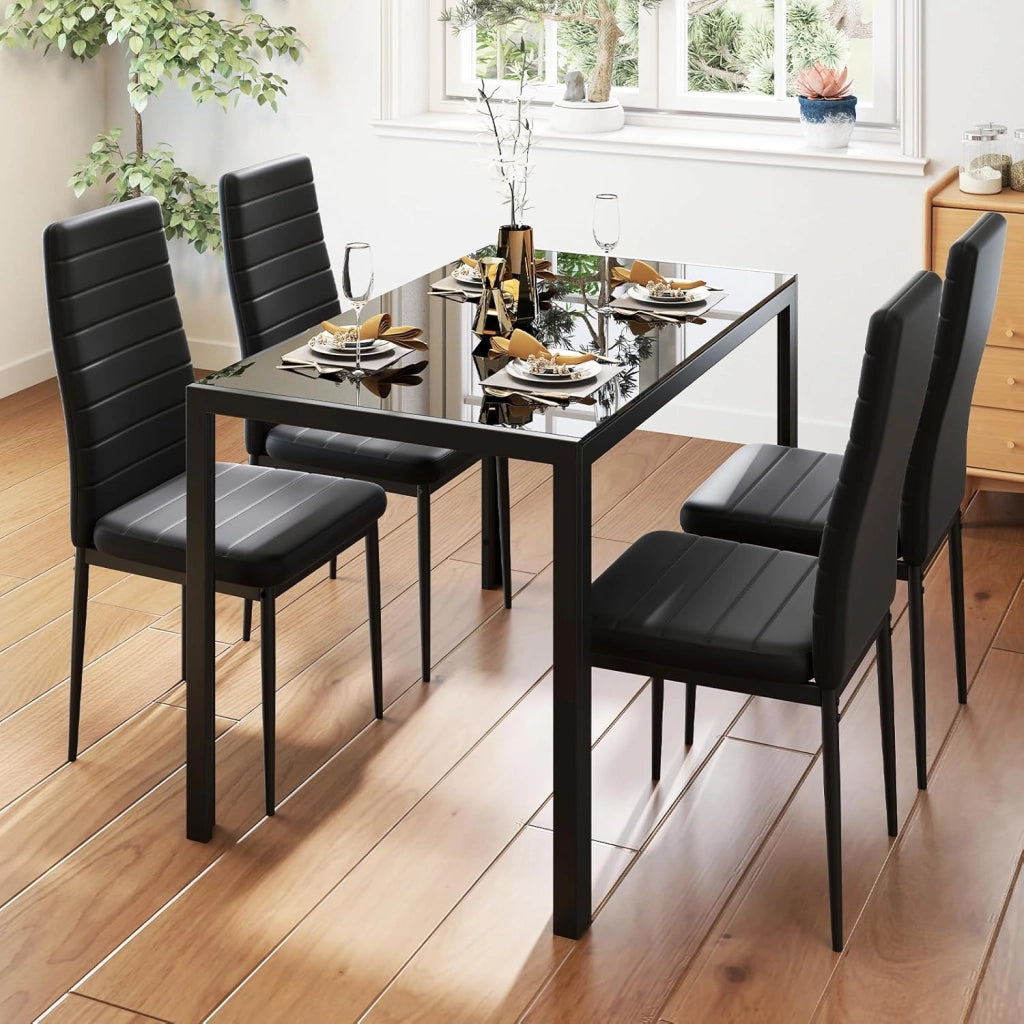 Tavolo da pranzo rettangolare, 120 x 70 x 75 cm, gambe in metallo robusto e piano in vetro temperato, portata fino a 90 kg, tavolo moderno da cucina (nero)
