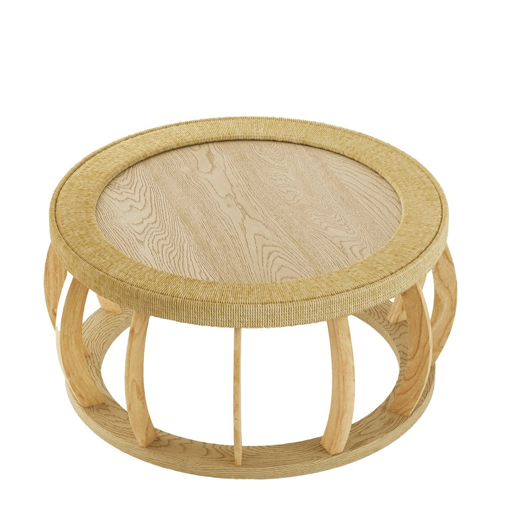 Tavolino da Caff¨¨ Rotondo in Legno Massello e Rattan ¨C MINIMAL ¨C Naturale, Gambe Curve