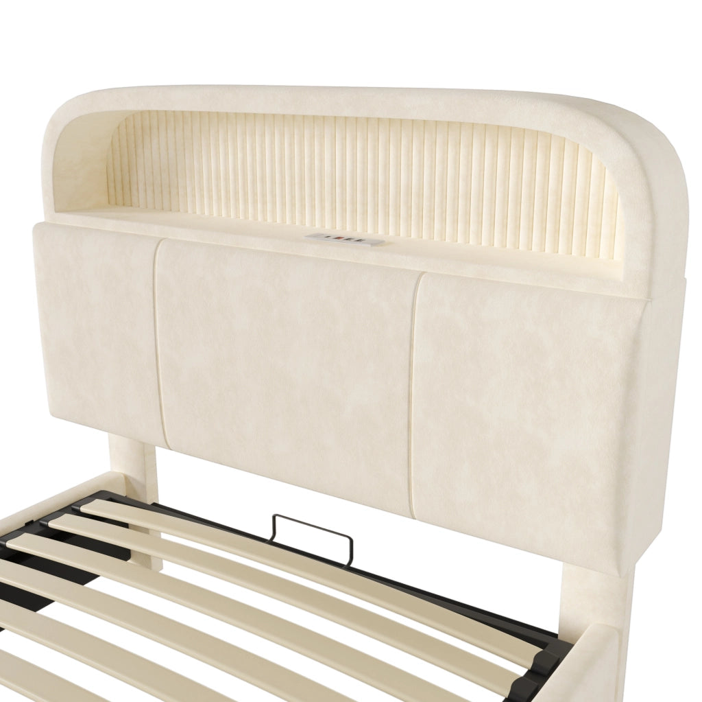 Letto imbottito 90x200 beige con contenitore, LED e USB/Type-C