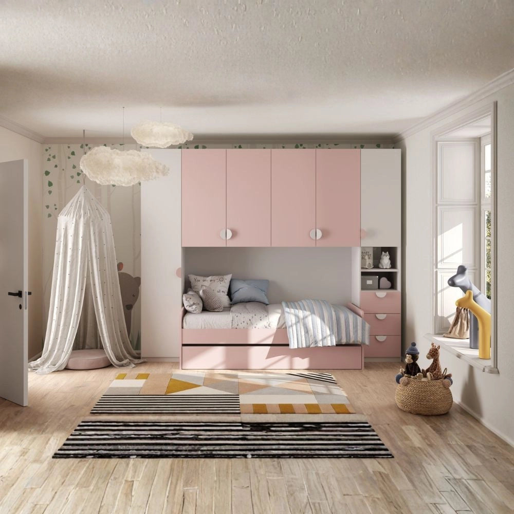 Cameretta a ponte Gilbert bianco opaco e rosa con 2 letti 293x5x240.5H