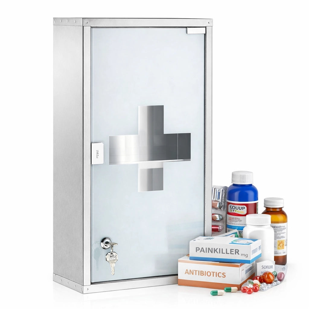 Armadietto Porta Medicinali Acciaio Inox e Vetro Satinato 65x36x17 cm con Chiave