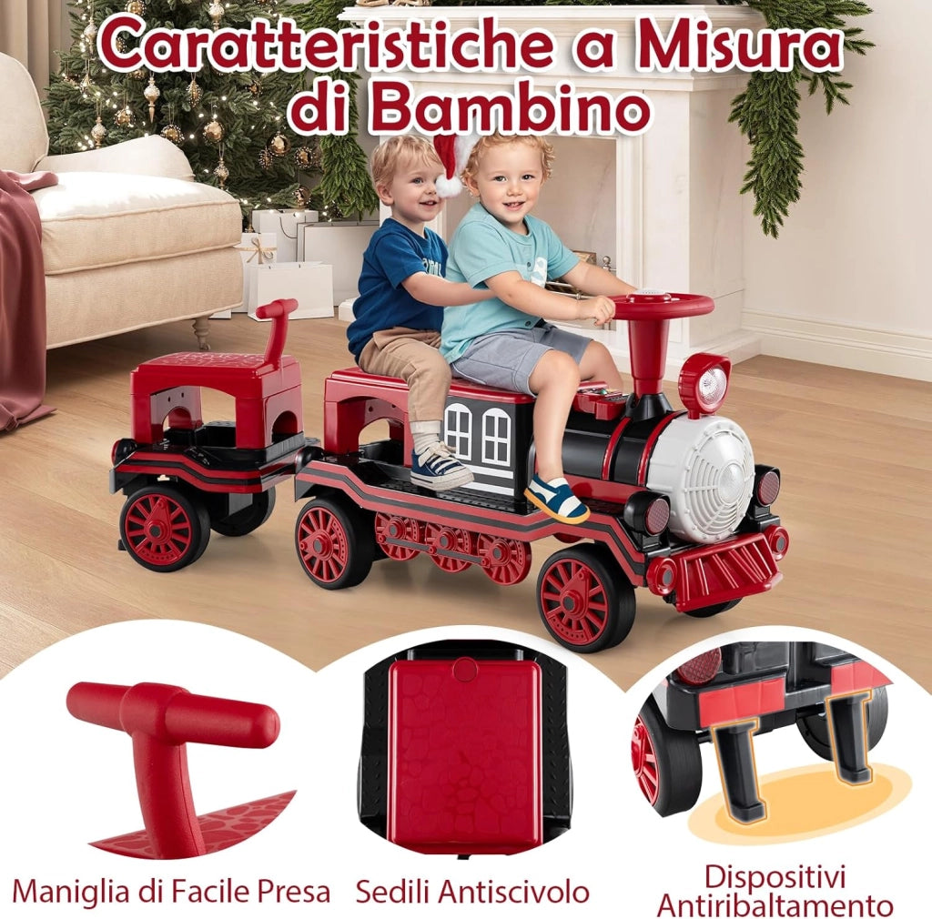 Trenino Elettrico Cavalcabile per Bambini, 12V Macchina Elettrica a 3 Posti con Locomotiva e Vagone Rimovibili, Treno con Luci LED, Clacson e Musica, per Bambini 3-8 Anni (Rosso)