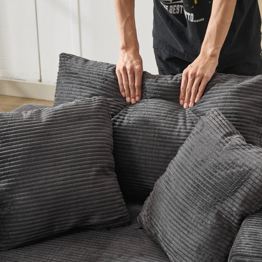 Chaiselongue grigio con portagiochi e 3 cuscini, divano lounge per soggiorno e camera da letto