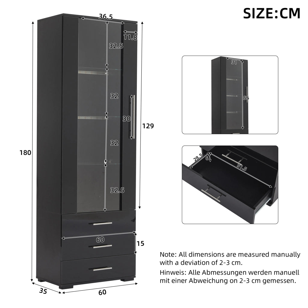 Vetrina con LED, 1 anta e 3 cassetti, frontale lucido, per soggiorno e studio, in MDF, nero, 60 × 35 × 180 cm