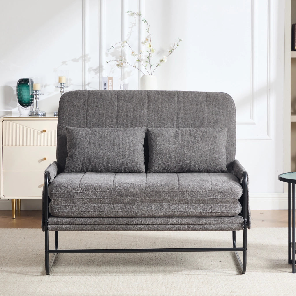 Divano letto 2 posti convertibile con struttura in metallo; chenille grigio; 104x85x92 cm