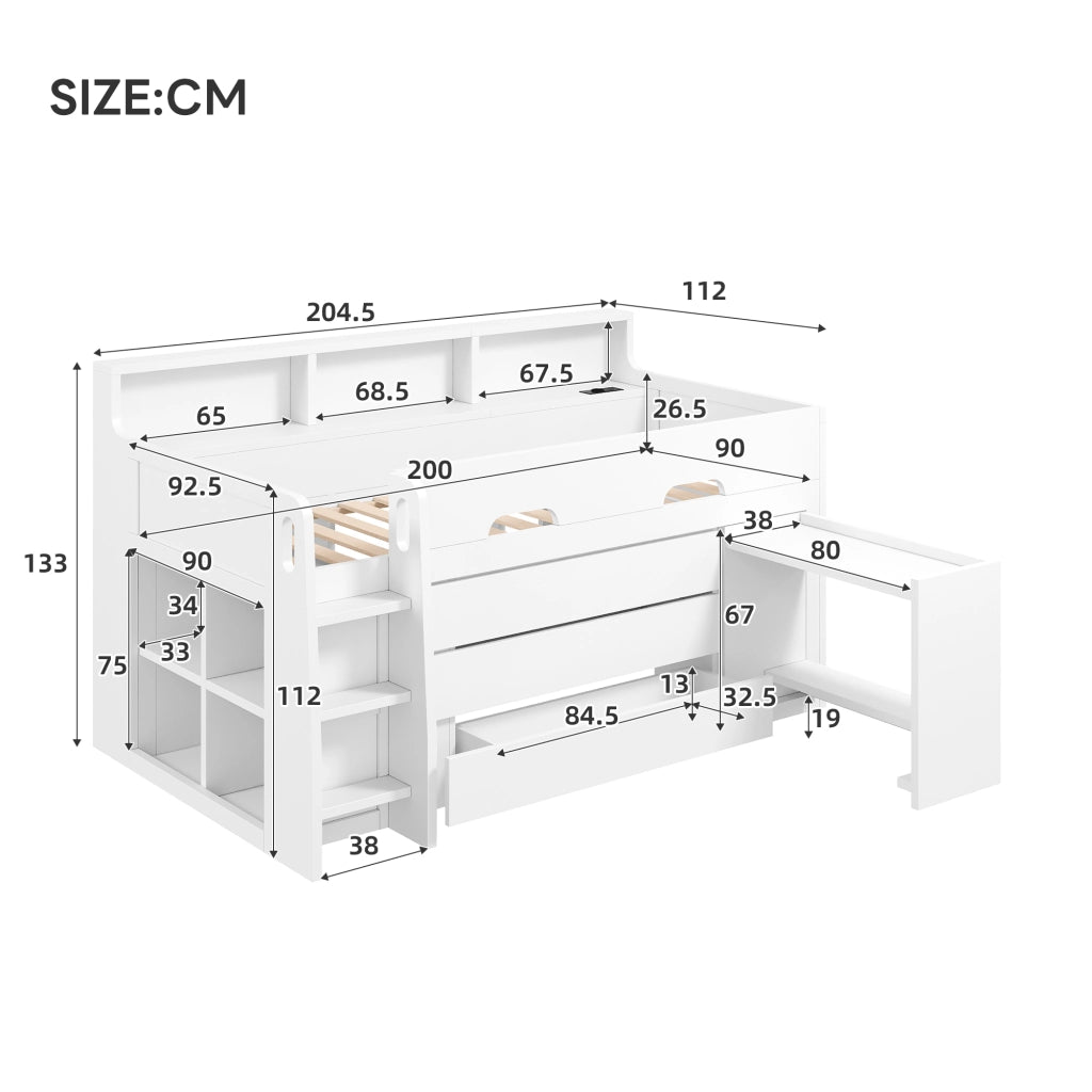 Letto a soppalco basso 90 × 200 cm con 3 cassetti, scrivania mobile, ripiani e LED, senza materasso, bianco