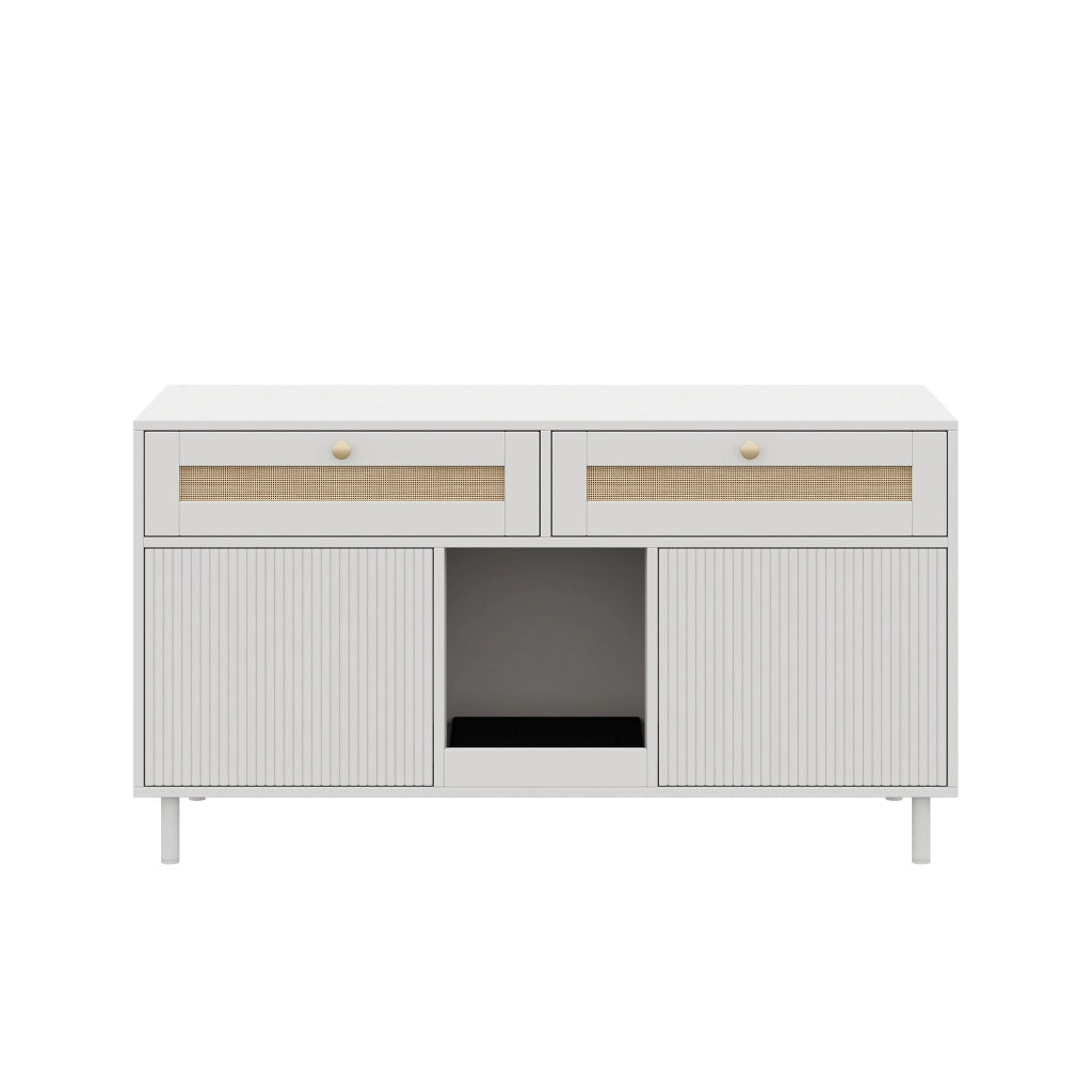 Mobile porta lettiera per gatti con doppia anta, cassetto, tappetino raccogli-sabbia, MDF bianco, 120x50x65 cm
