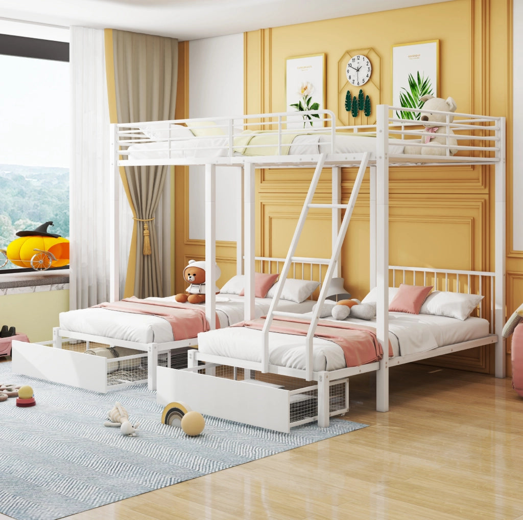 Letto a castello triplo in metallo bianco con cassetti 140x200 cm
