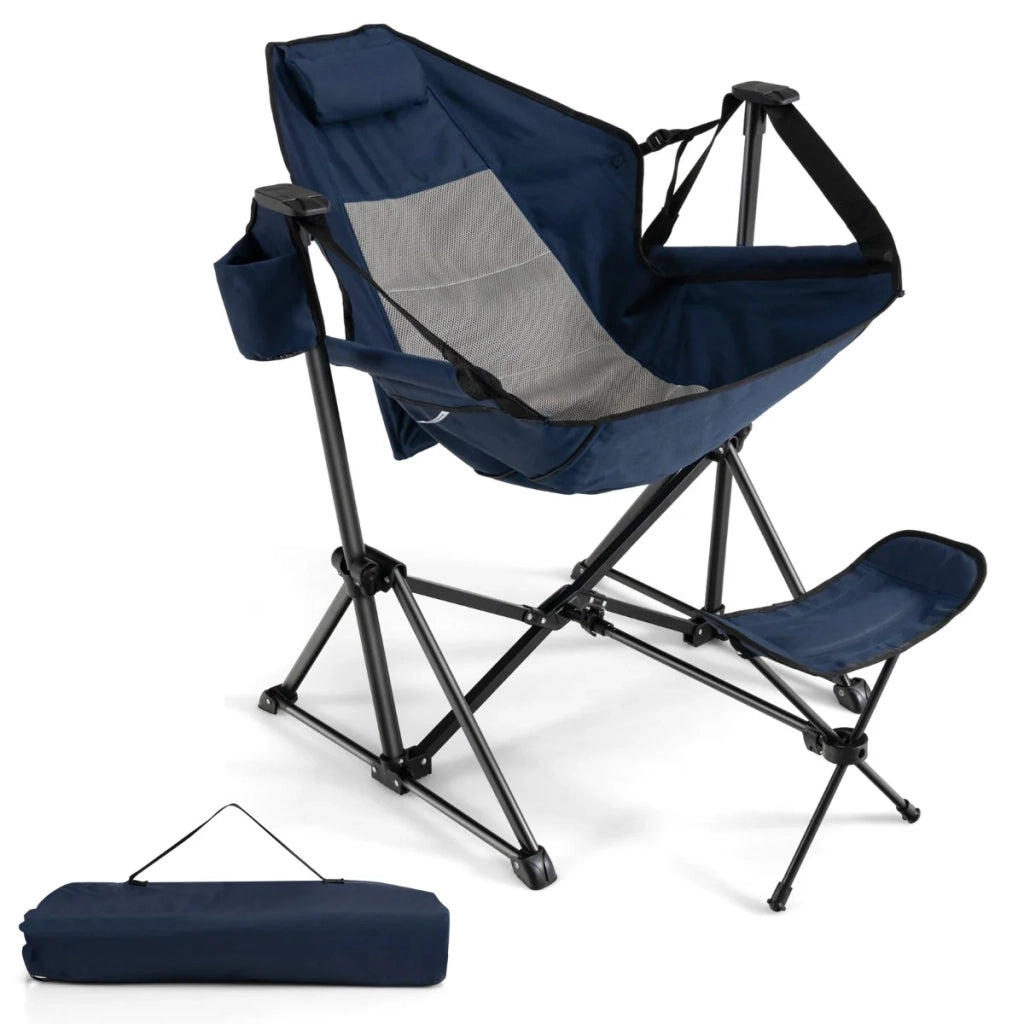 Sedia da campeggio pieghevole e portatile 120-160 x 91 x 80-107 cm con schienale reclinabile comodo appoggio realizzata in PVC blu navy 20_0011133