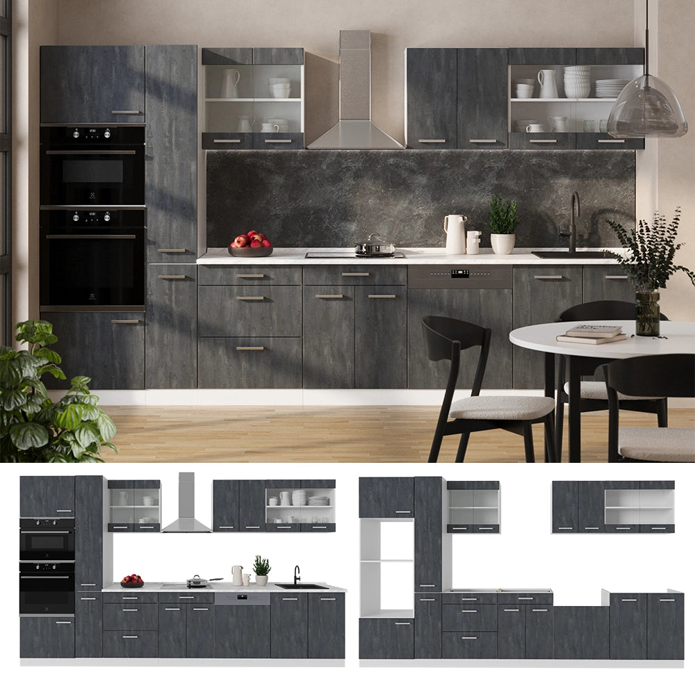 Vicco Mobile da cucina Nero cemento/bianco 350 cm PL Marmo