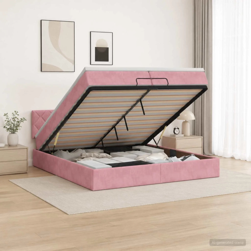 Letto Ottomano con Materasso e LED Rosa 200 x 200 cm Velluto 3457238