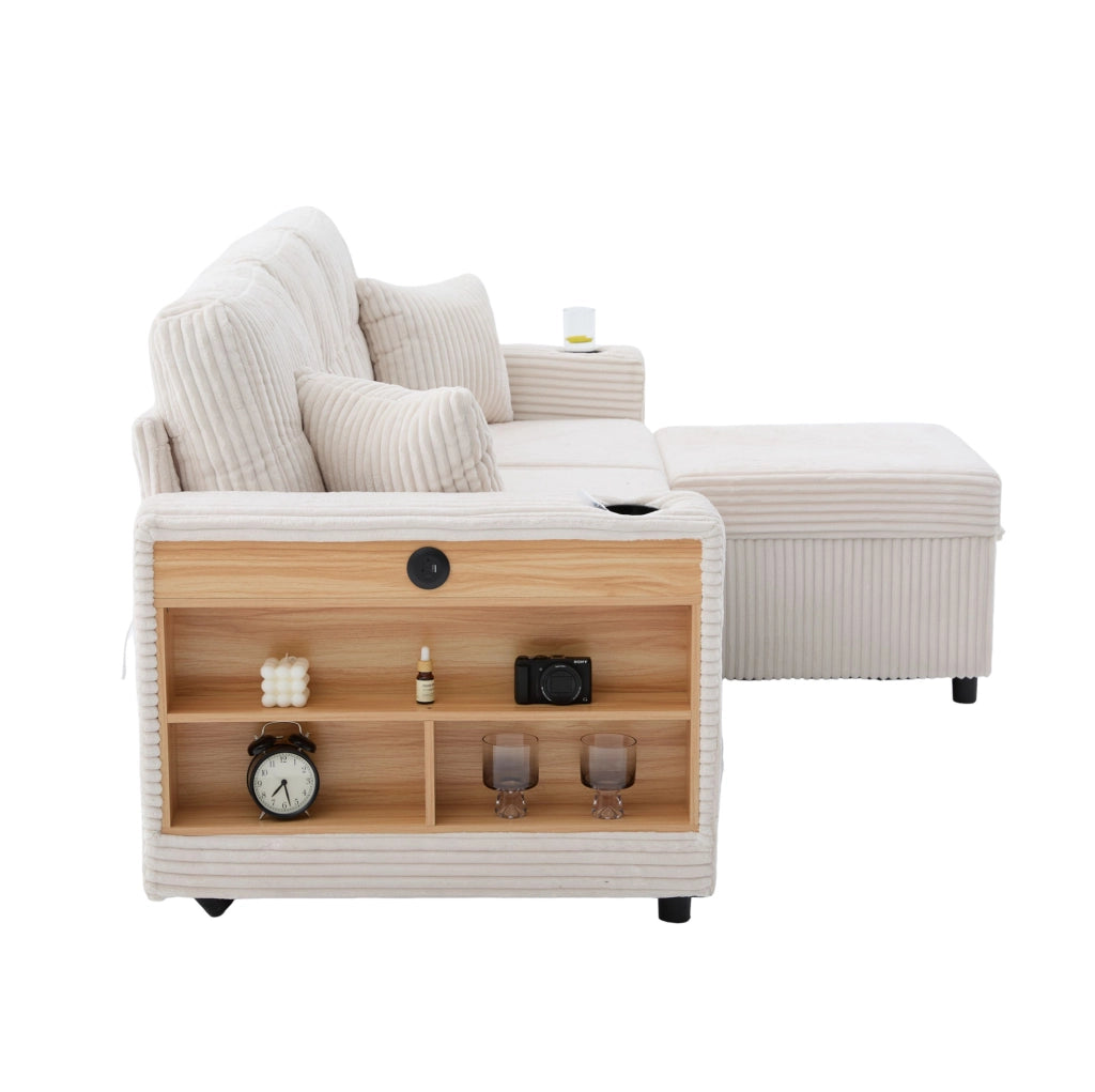Divano letto estraibile 196x82-144x85 cm con contenitore e USB-C beige