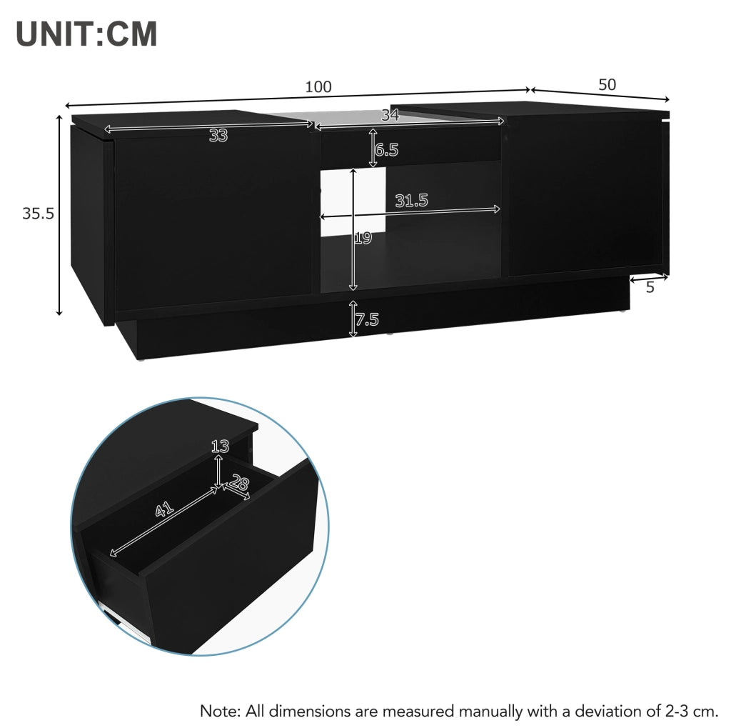 Tavolino da salotto 100x50x35;5 cm nero con LED; 2 cassetti e vano a giorno