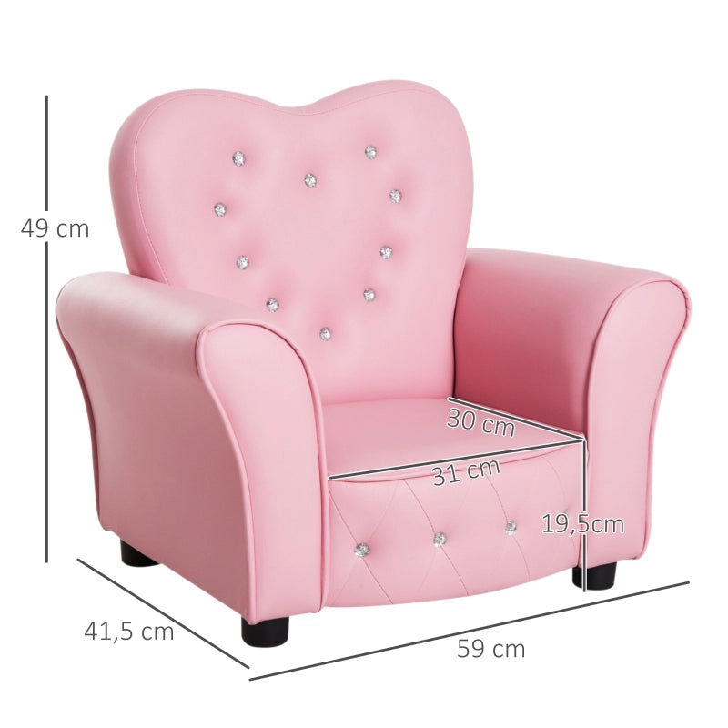 Poltrona per bambini con schienale trapuntato e piedi in legno comfort e pulizia facile in PVC rosa 59 × 41,5 × 49 cm